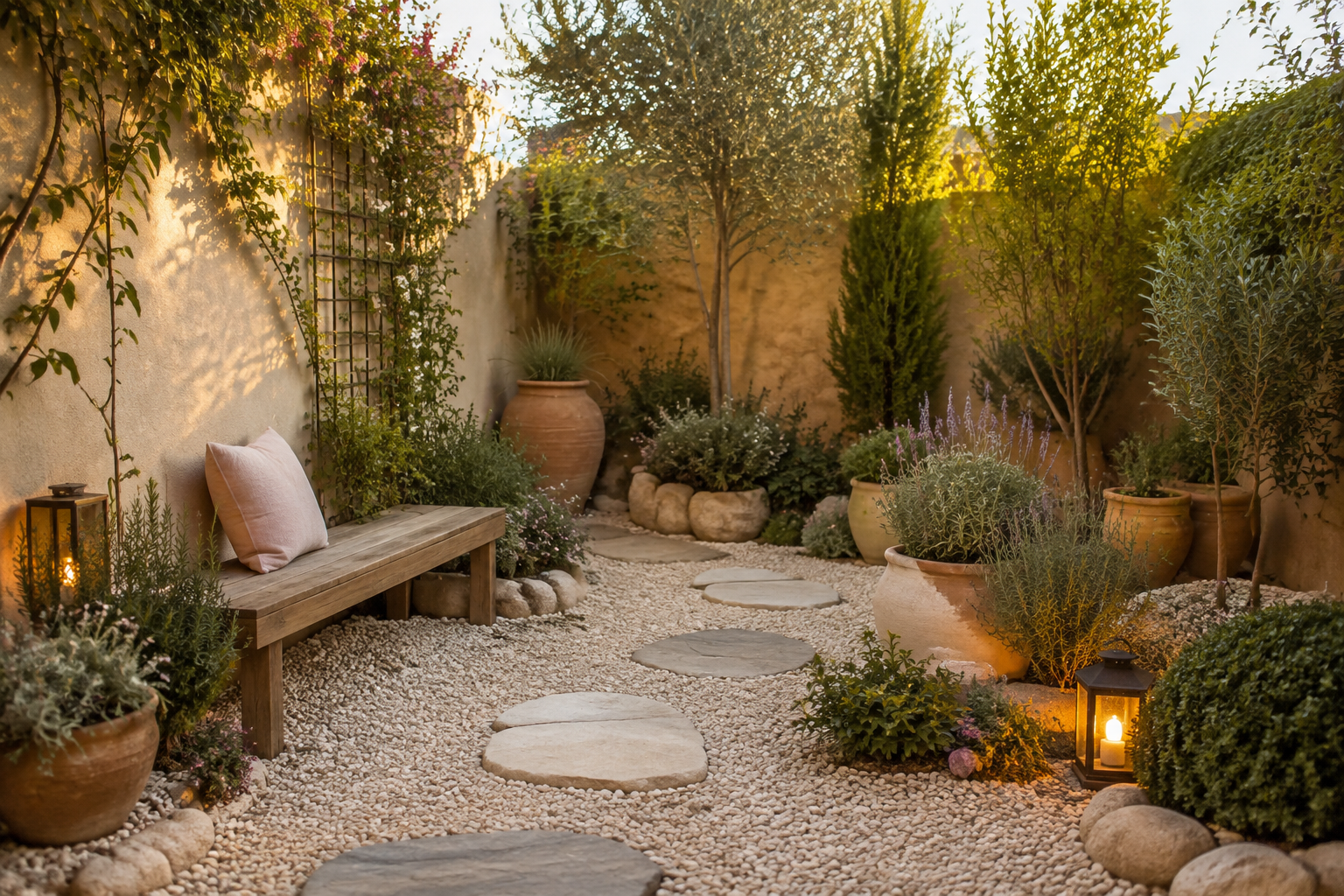 Ideas para jardines pequeños: 15 ideas que sí funcionan 7 Jardín pequeño con grava, banco de madera y macetas de barro