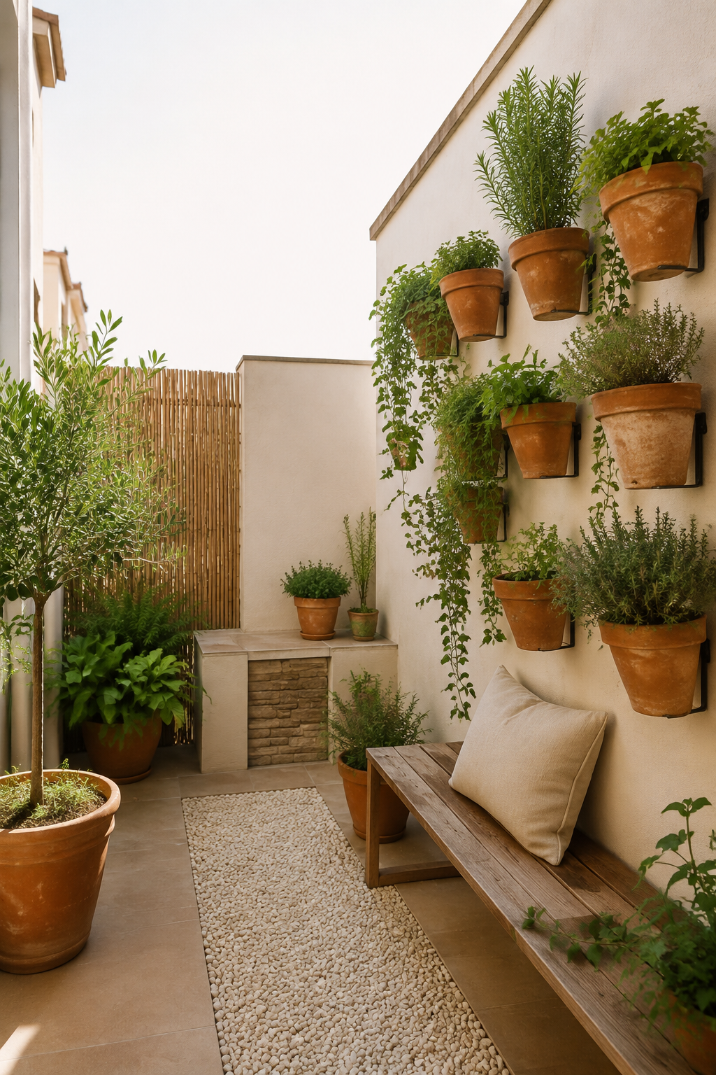Ideas para jardines pequeños: 15 ideas que sí funcionan 5 Pared de macetas de barro con aromáticas en un patio pequeño