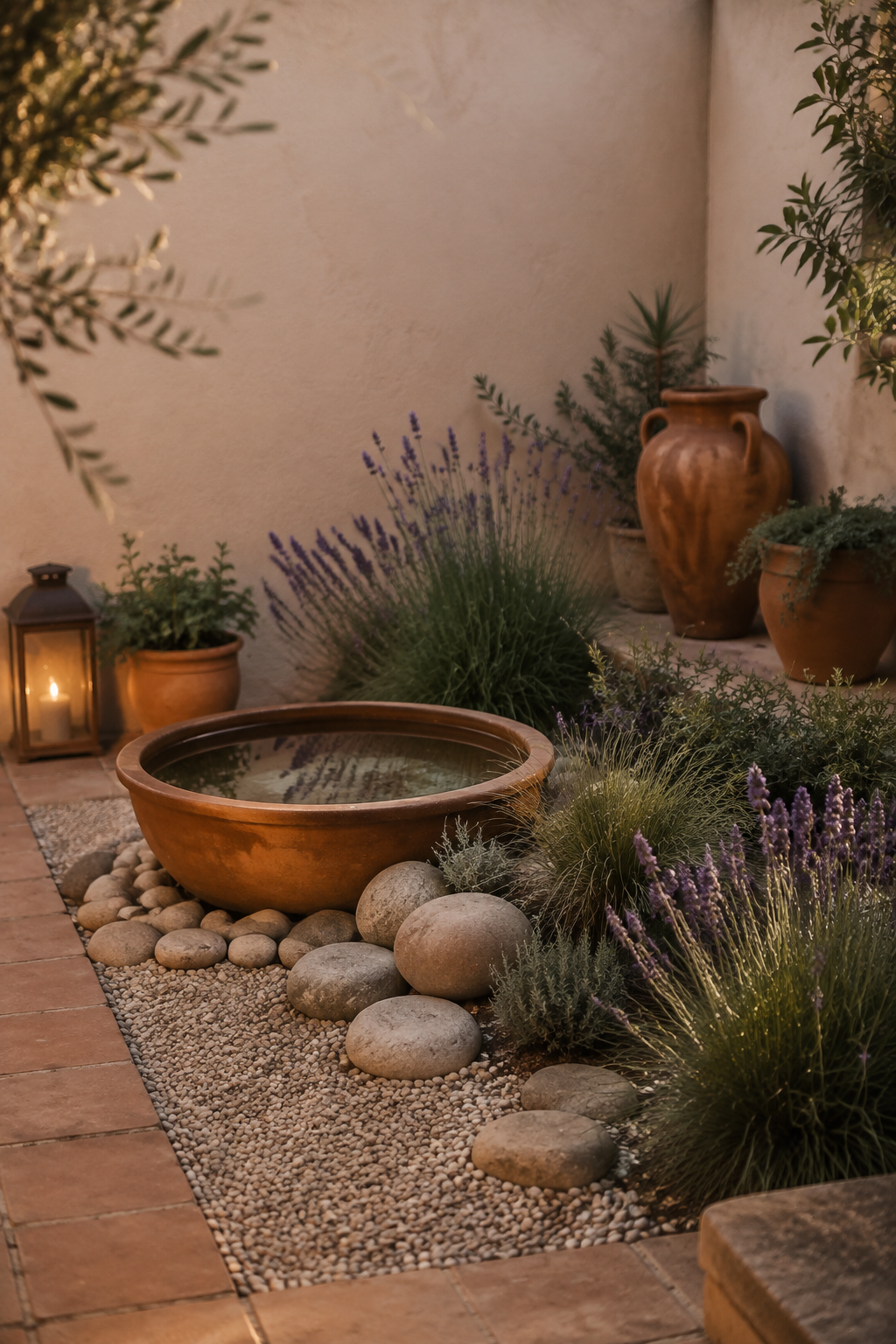Ideas para jardines pequeños: 15 ideas que sí funcionan 4 Rincón de jardín pequeño con cuenco de agua, piedras y lavanda