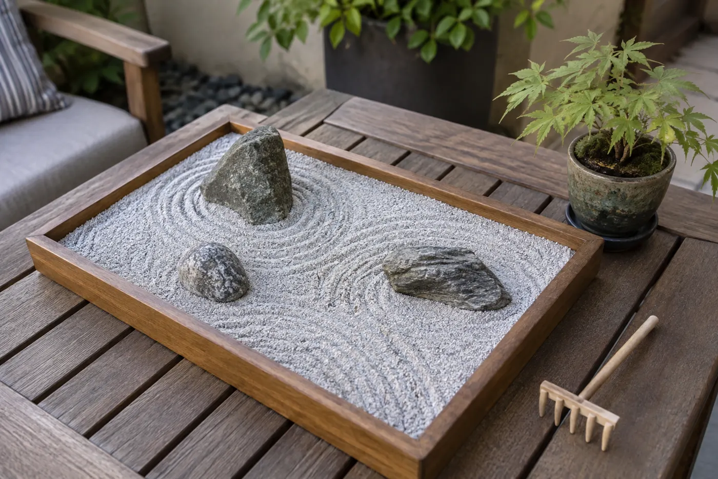 Jardines Japoneses: Un símbolo de la eternidad de la naturaleza 10 Mini jardín japonés en bandeja con grava rastrillada, piedras y planta