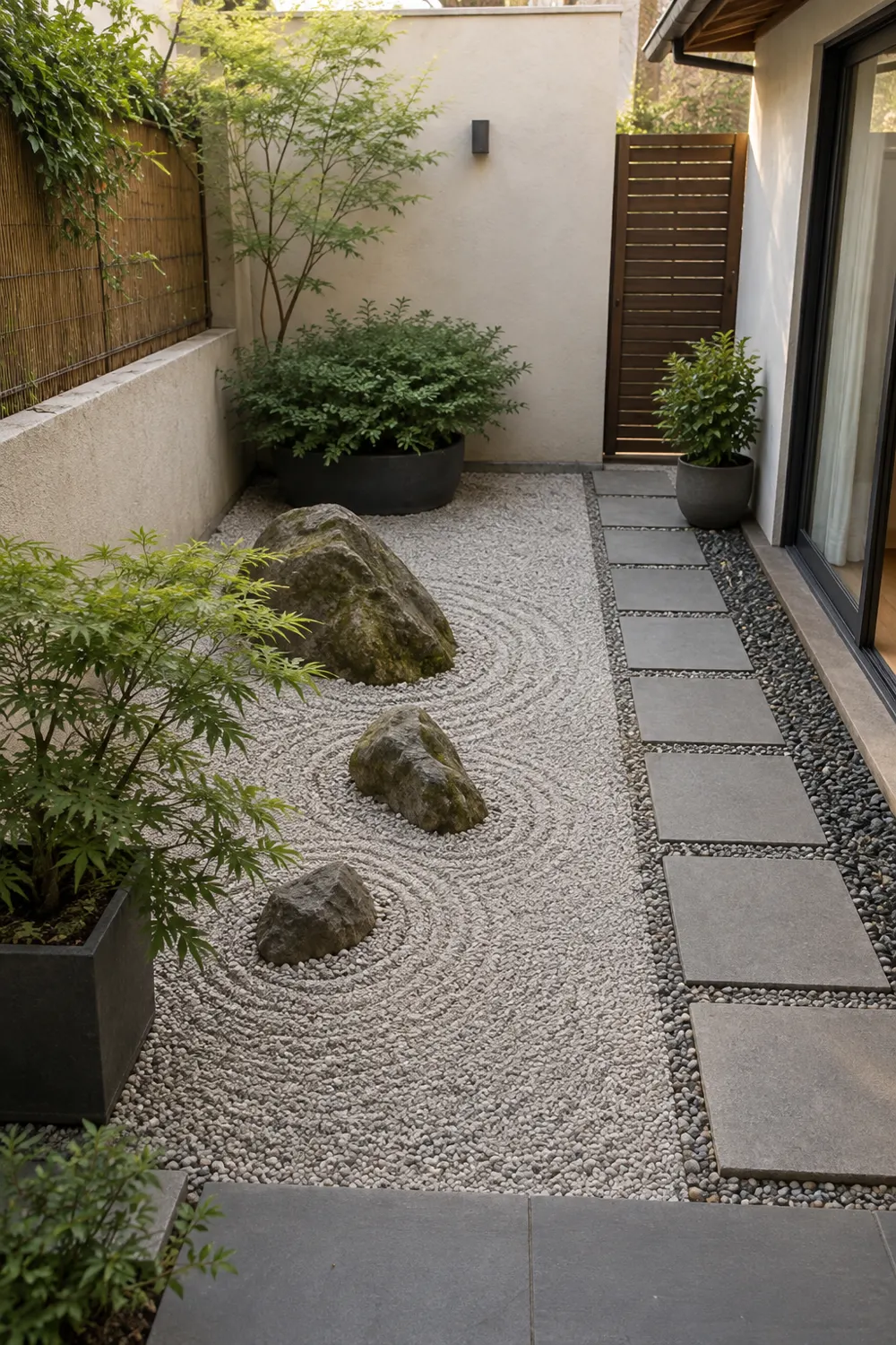 Jardines Japoneses: Un símbolo de la eternidad de la naturaleza 9 Vista completa de un jardín japonés pequeño con grava, losas, rocas y plantas