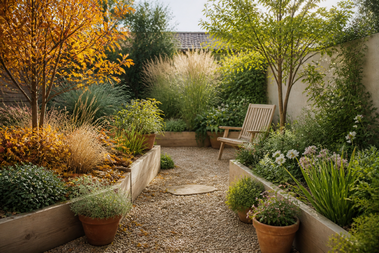 Jardín en septiembre con follaje de otoño, brotes de primavera, camino de grava y jardineras