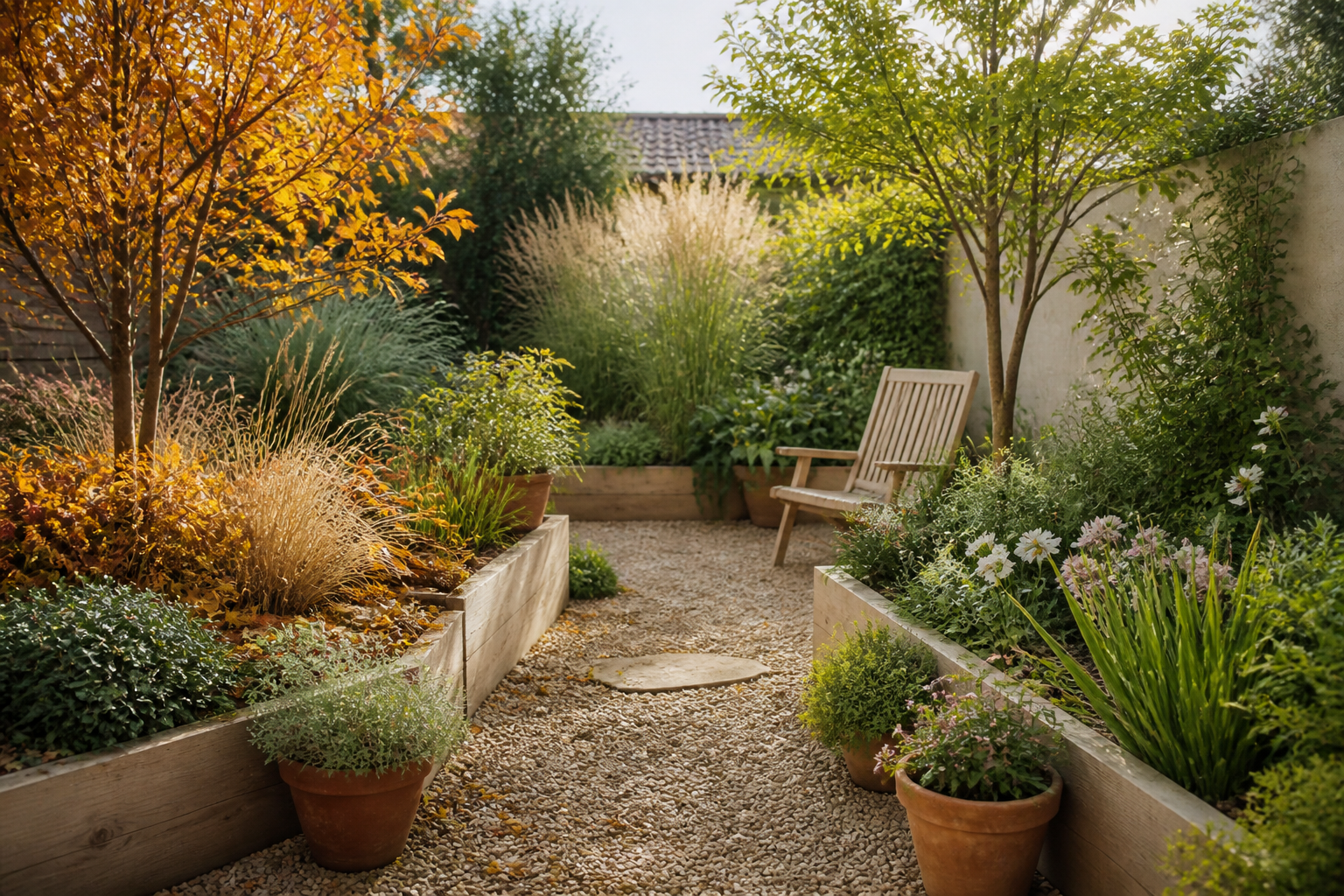 Jardín en septiembre con follaje de otoño, brotes de primavera, camino de grava y jardineras