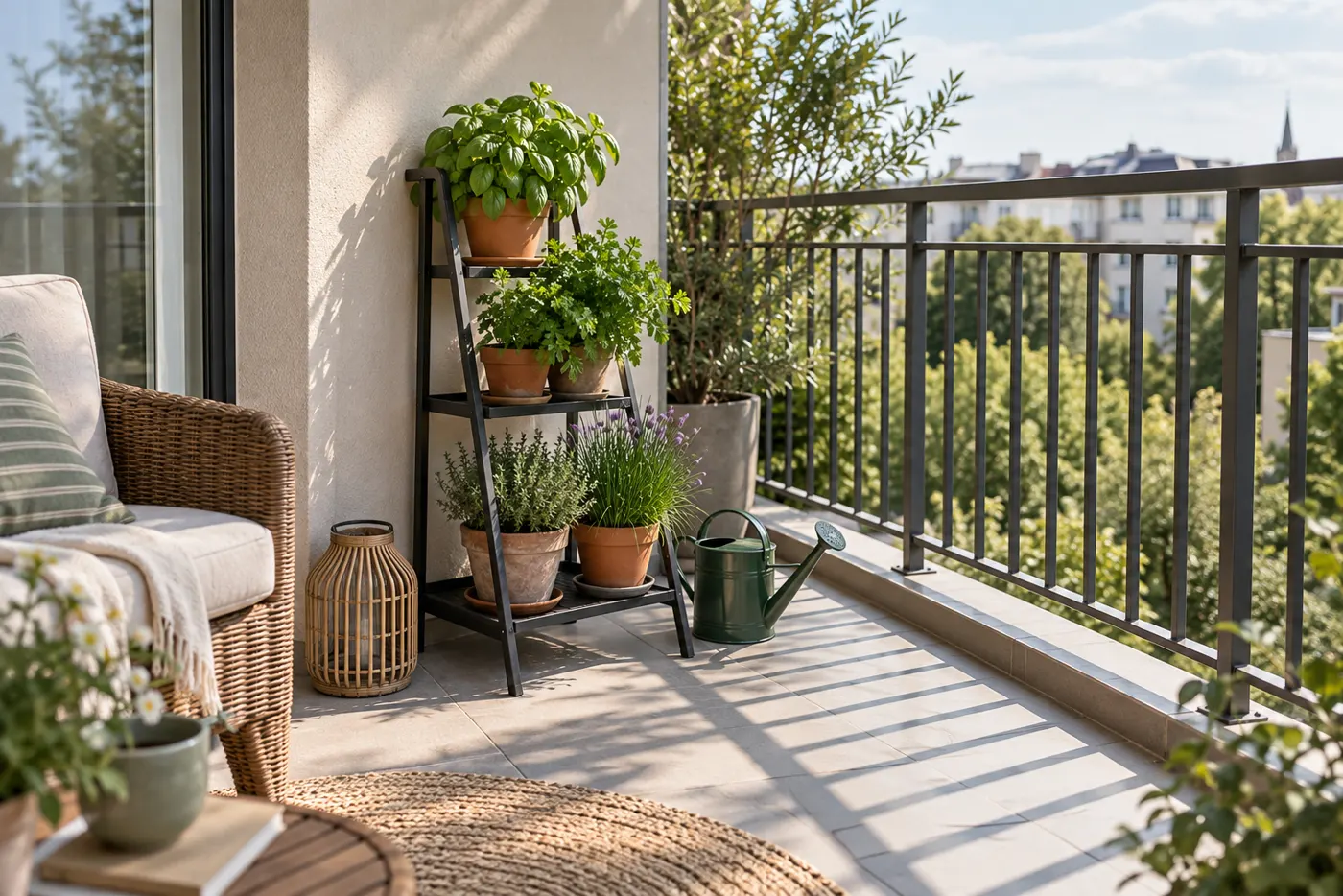 Jardín vertical de aromáticas en una estantería de pie dentro de un balcón soleado, sin perforaciones