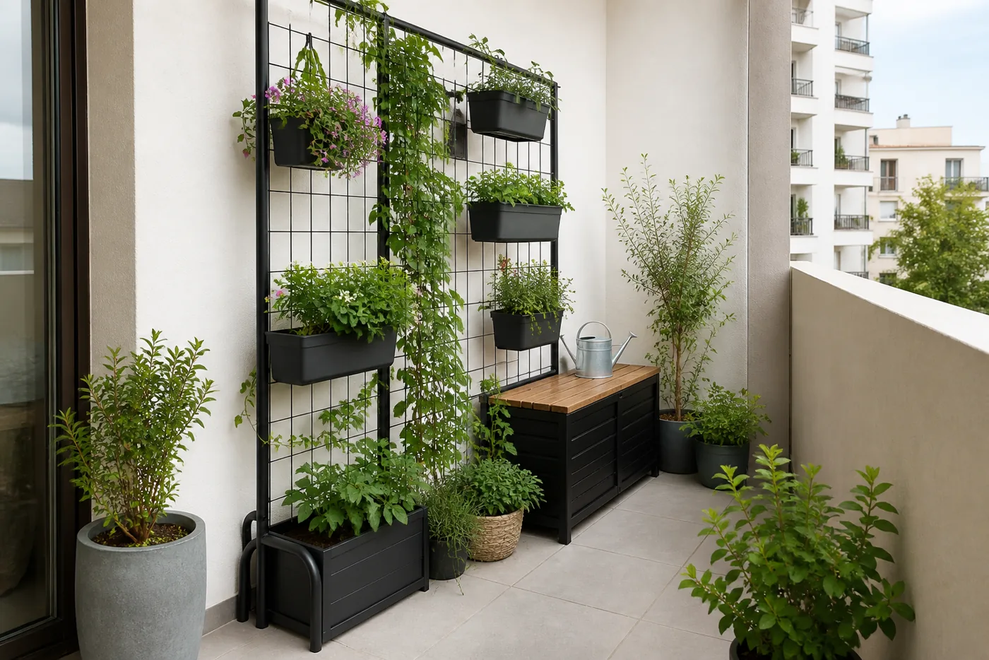 Jardines verticales: ideas, plantas y guía para empezar 2 Jardín vertical en una terraza pequeña con macetas y banco