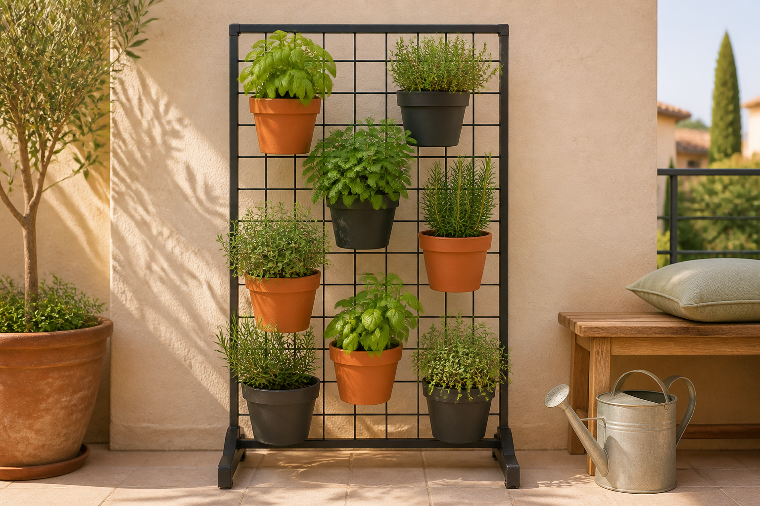Jardines verticales: ideas, plantas y guía para empezar 4 Jardín vertical con macetas de plantas aromáticas