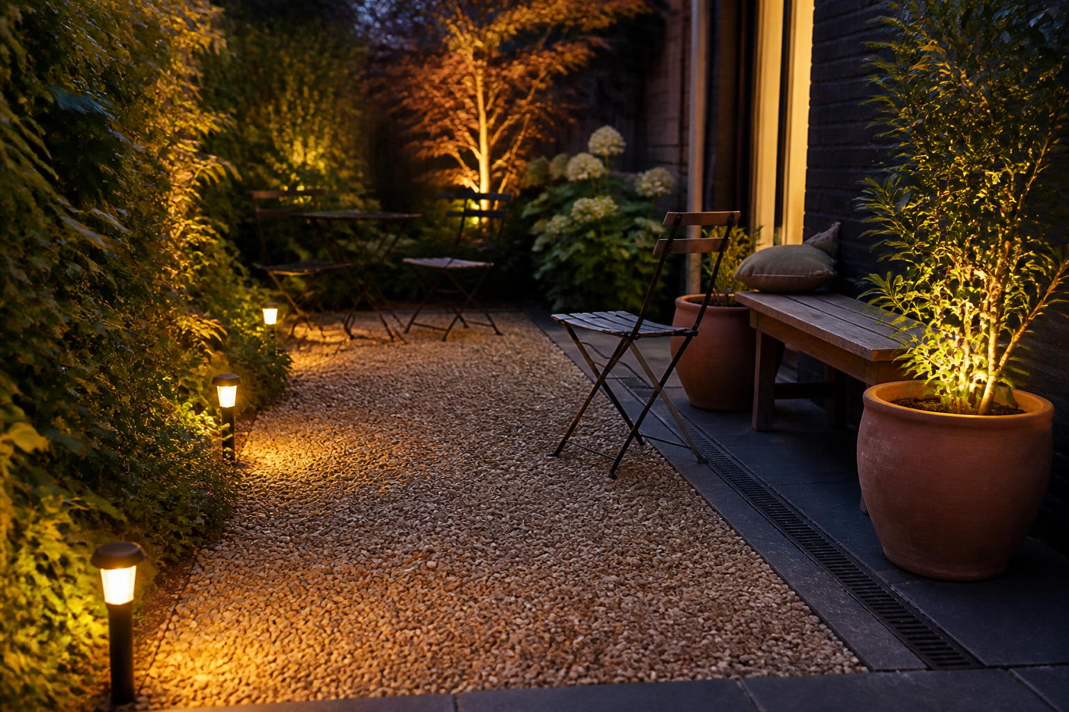 Patio pequeño con grava, banco compacto y luces solares cálidas en el recorrido