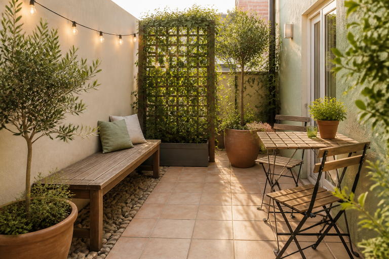 Patio de 10 m² con banco estrecho, celosía independiente, macetas y un camino libre