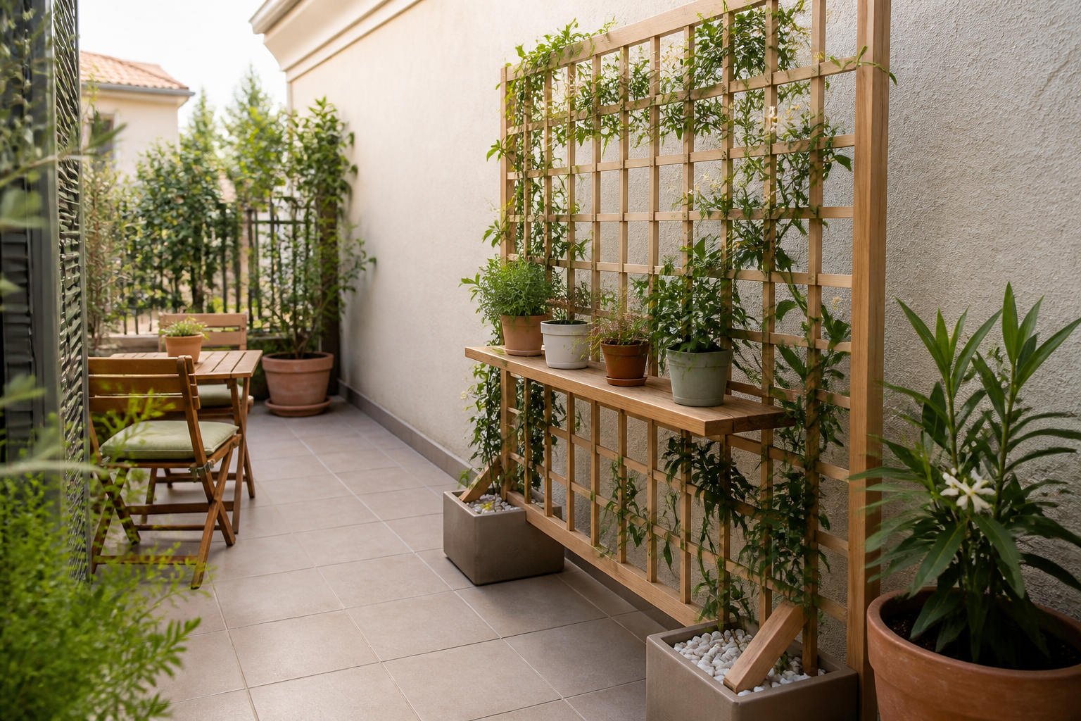 Celosía vertical independiente con plantas y macetas en un patio pequeño sin perforar la pared