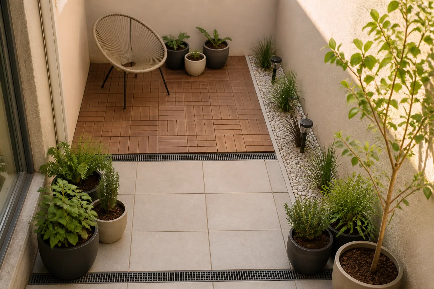 Camino de grava y losas en un jardín pequeño rústico