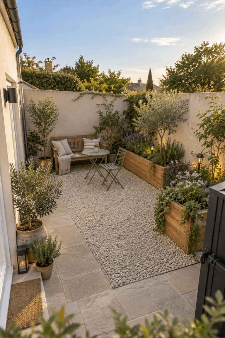 Patio de 10 m² sin obras: distribución, ideas y materiales para aprovecharlo 1 Patio de 10 m² sin obras con grava, banco, jardineras y luces solares