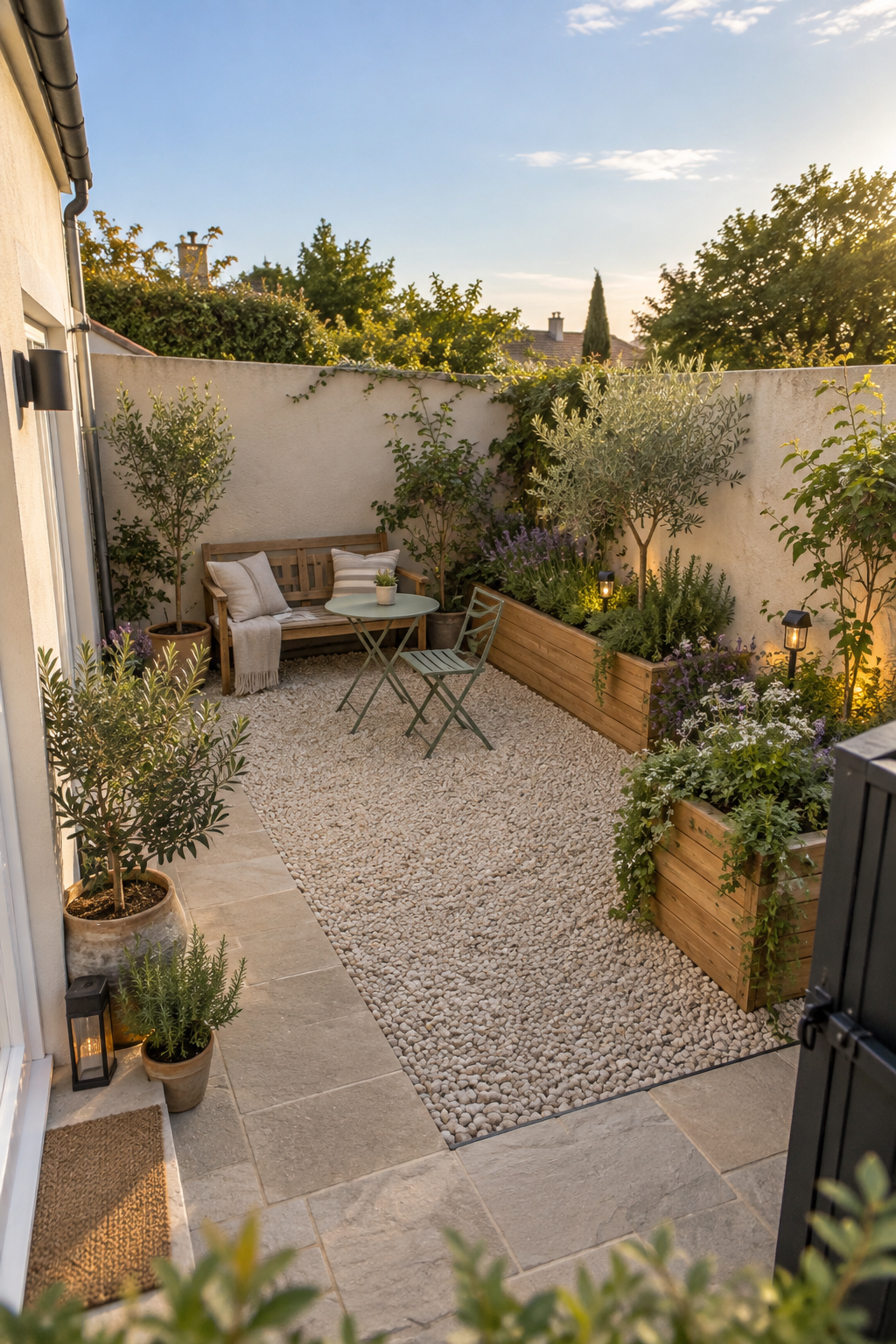 Patio de 10 m² sin obras con grava, banco, jardineras y luces solares