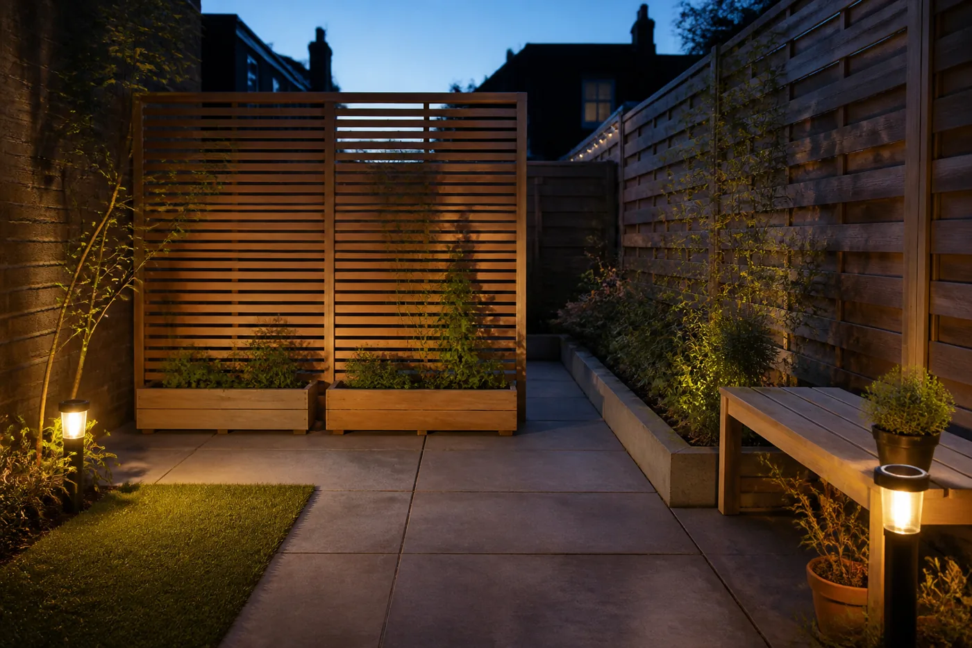 Jardines verticales: ideas, plantas y guía para empezar 6 Jardín vertical con celosía, privacidad e iluminación cálida