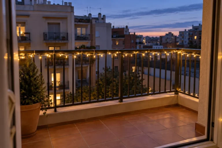 Balcón pequeño con una guirnalda LED cálida sujeta al interior de la barandilla al atardecer