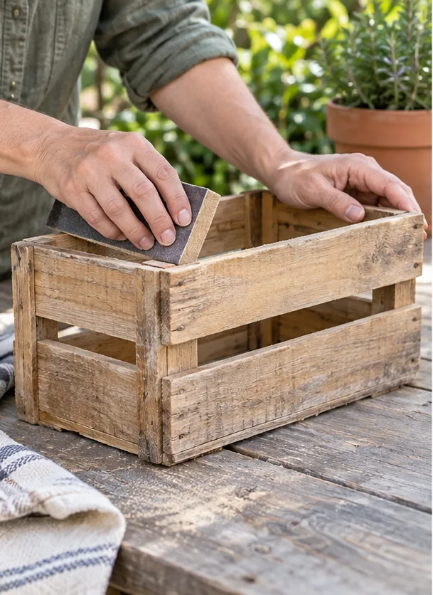 Manos lijando los bordes de una caja de madera reutilizada