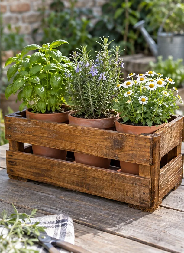 Caja de madera con varias macetas de plantas colocadas en su interior