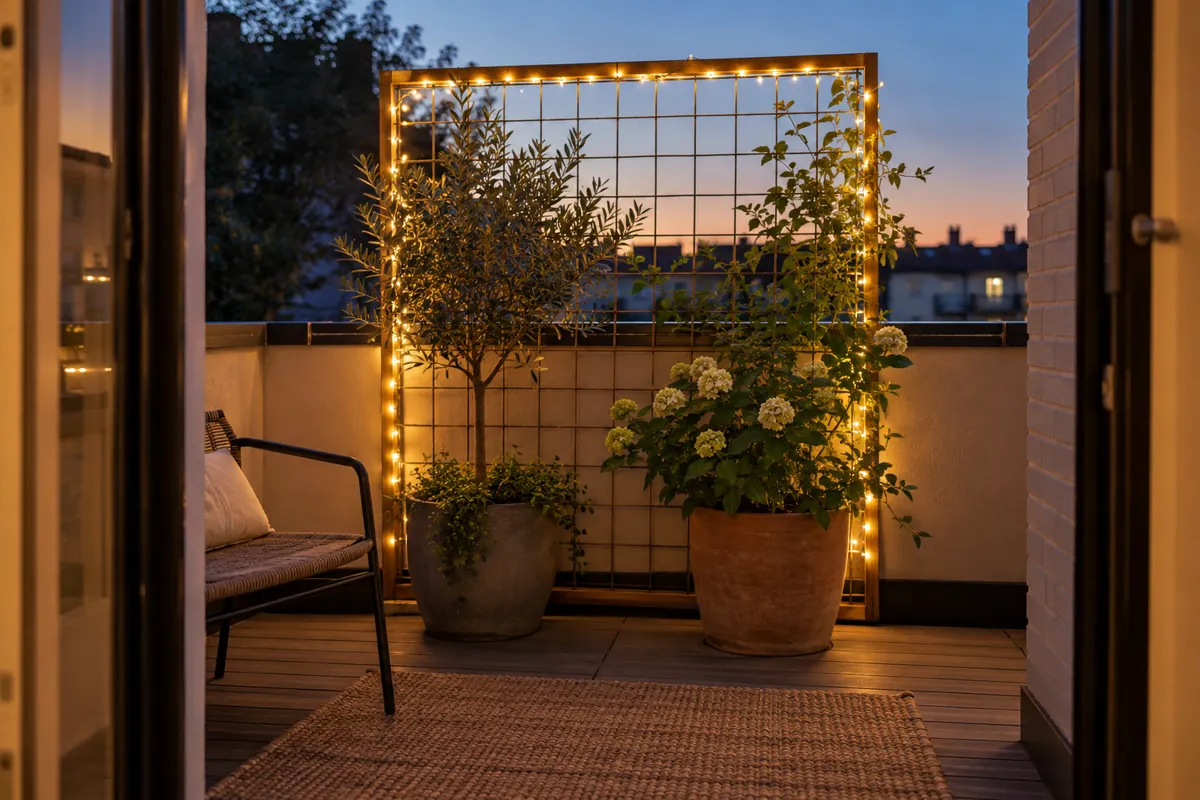 Celosía con plantas e iluminación LED cálida en una terraza pequeña