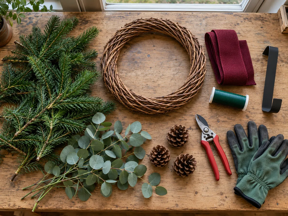 Base de mimbre, ramas verdes, piñas, lazo, alambre y colgador para hacer una corona de Navidad