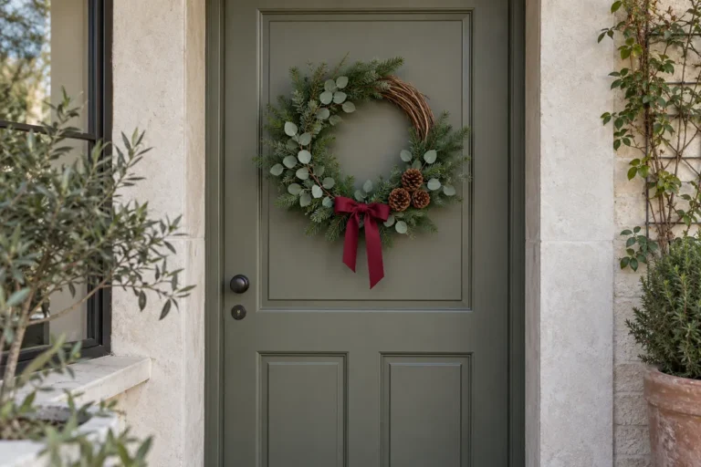 Corona de Navidad de ramas verdes, piñas y lazo burdeos en una puerta exterior