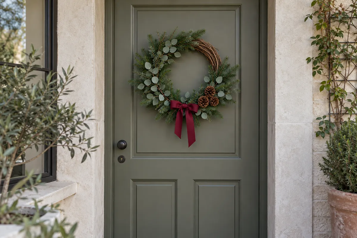 Corona de Navidad de ramas verdes, piñas y lazo burdeos en una puerta exterior