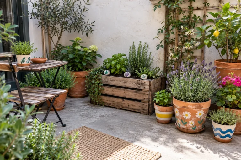 Patio pequeño decorado con macetas recuperadas pintadas a mano, una jardinera de caja de madera y marcadores de piedra.