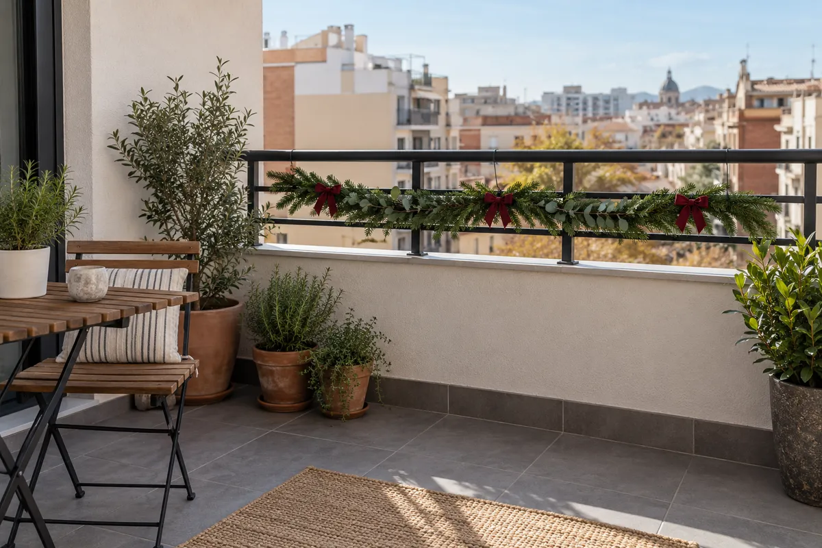 Guirnalda navideña para barandilla de terraza: cómo hacerla sin taladrar 2 Guirnalda navideña de pino y eucalipto fijada por el interior de una barandilla de terraza