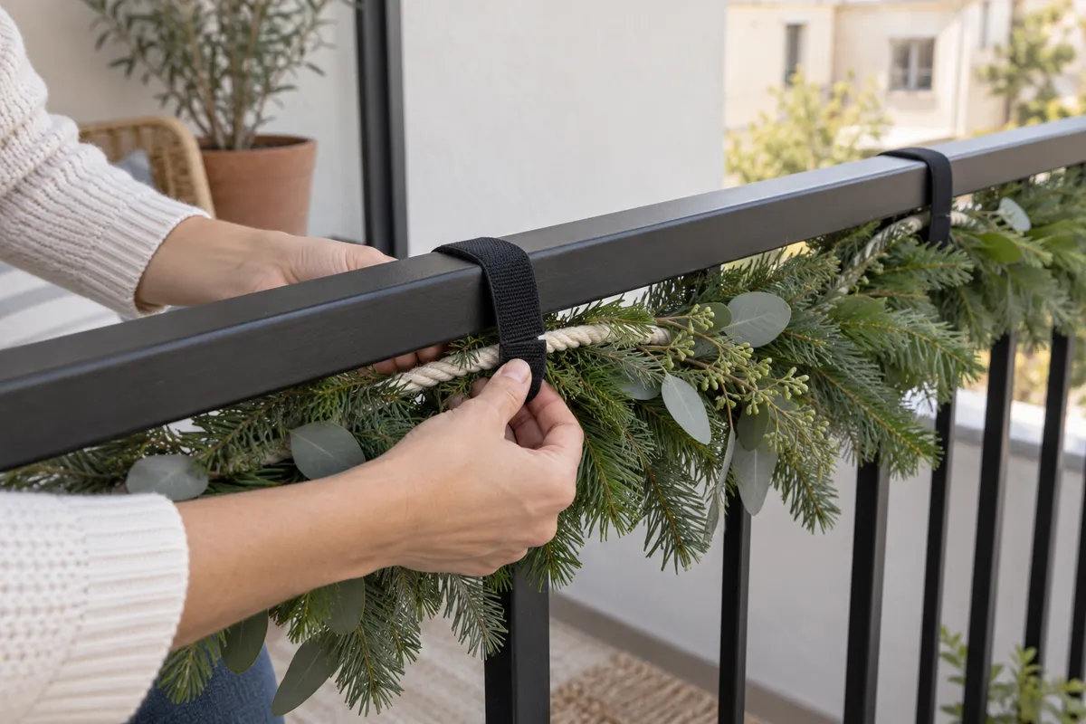 Guirnalda navideña para barandilla de terraza: cómo hacerla sin taladrar 6 Cinta reutilizable sujeta la cuerda de la guirnalda por la cara interior de la barandilla