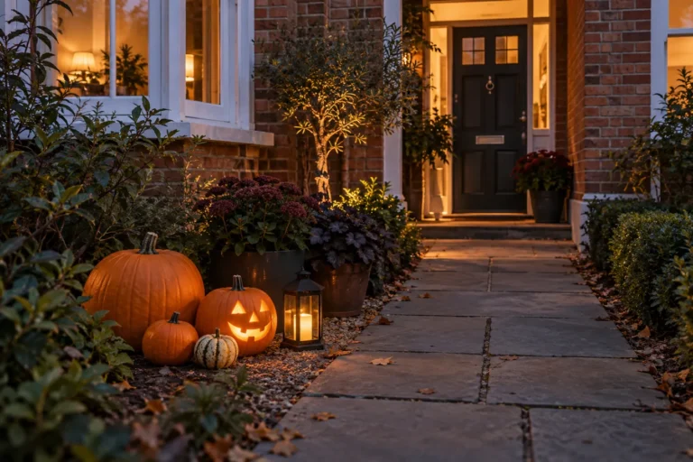 Entrada de jardín decorada para Halloween con calabazas y luces LED