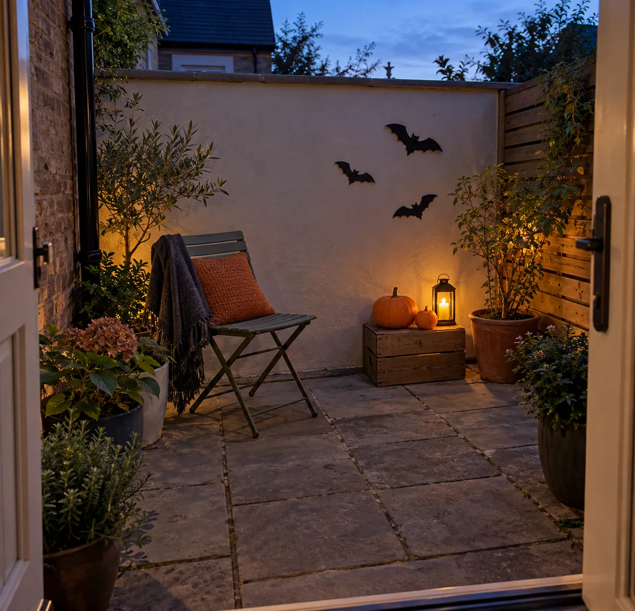 Patio pequeño decorado para Halloween con murciélagos, calabazas y luces LED