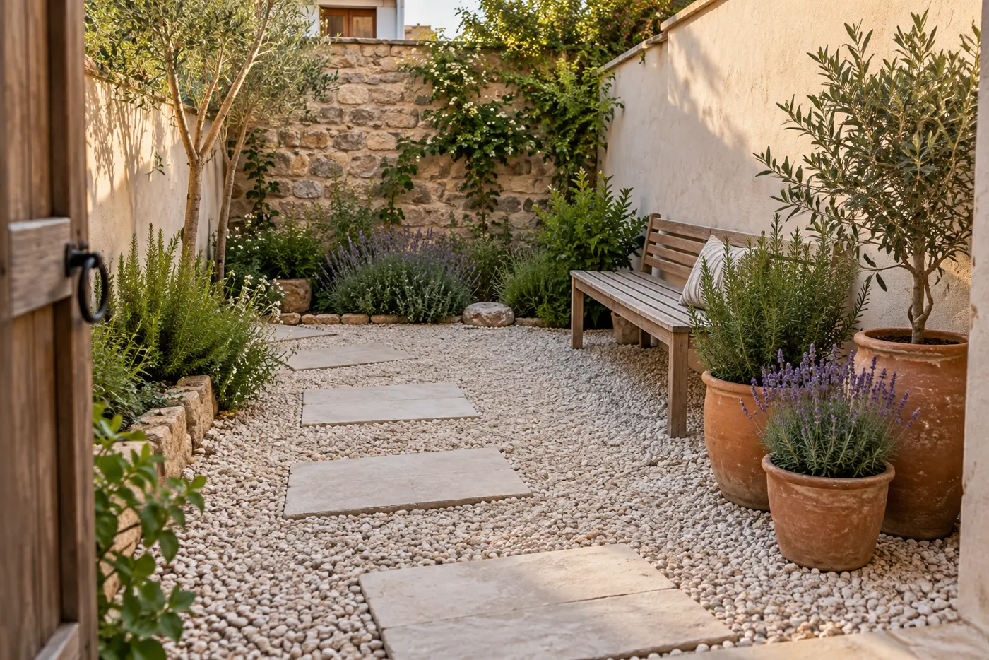 Patio pequeño soleado con camino de losas sobre grava clara, banco y macetas agrupadas