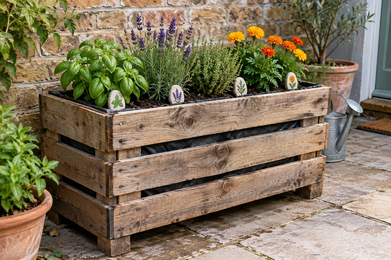 Caja de madera reutilizada como jardinera de hierbas y flores con marcadores de piedra pintada