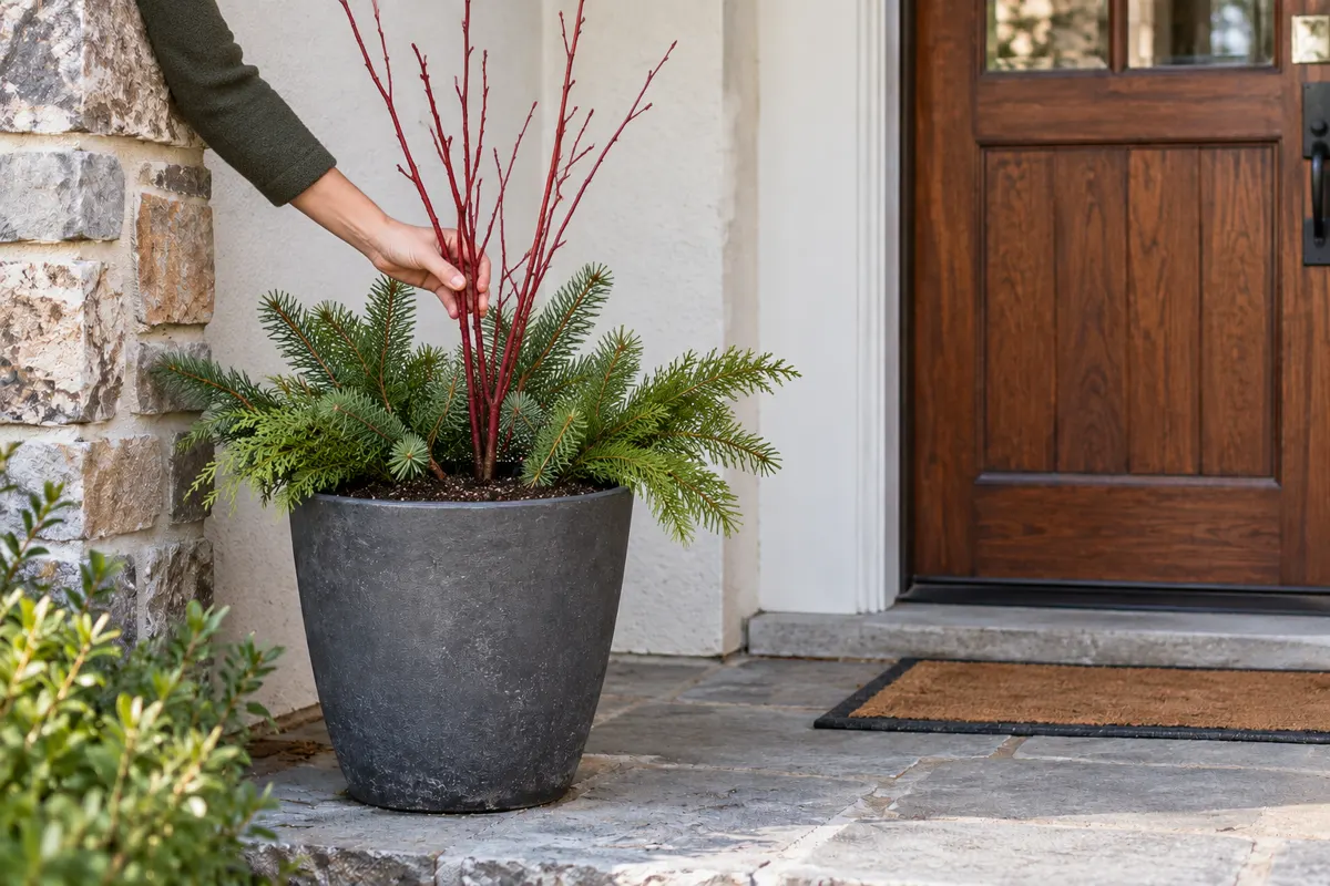 Macetas navideñas para exterior: 5 ideas fáciles para jardín y terraza 10 Colocación de una rama vertical entre ramas verdes cortadas en una jardinera