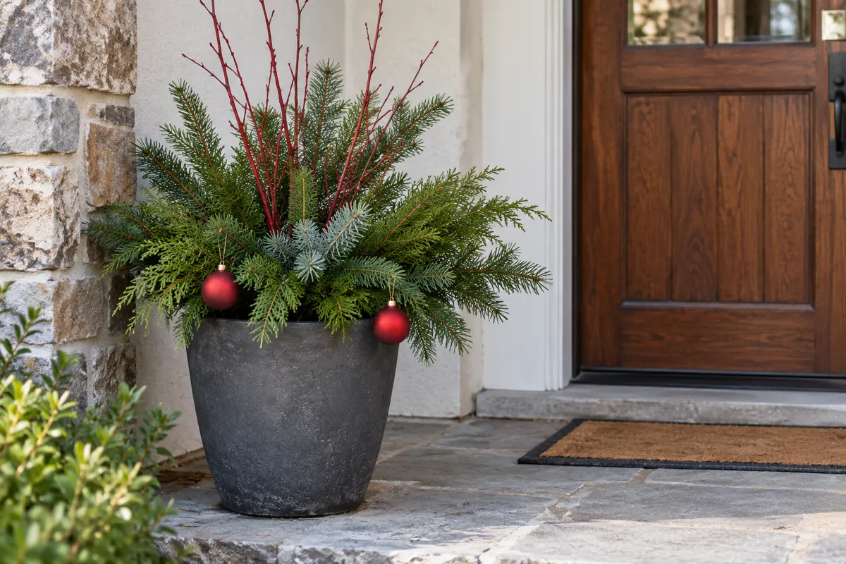 Macetas navideñas para exterior: 5 ideas fáciles para jardín y terraza 3 Jardinera navideña de exterior con ramas verdes cortadas y adornos rojos