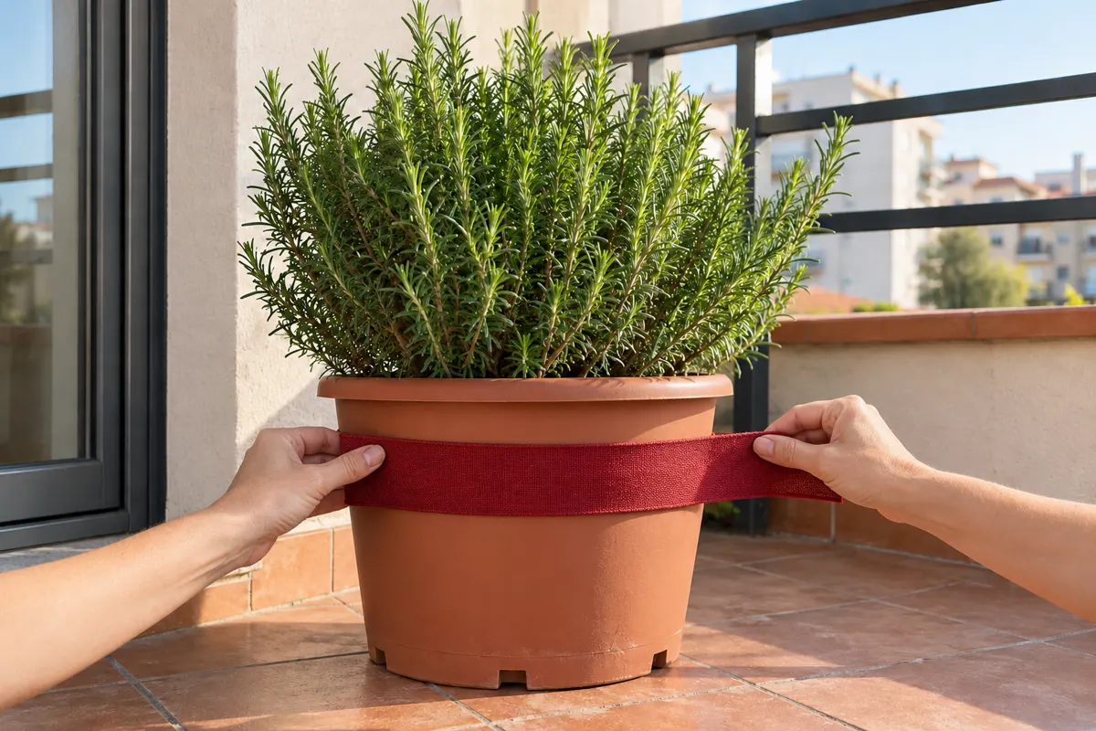 Macetas navideñas para exterior: 5 ideas fáciles para jardín y terraza 6 Manos colocando una banda roja alrededor del exterior de una maceta de romero