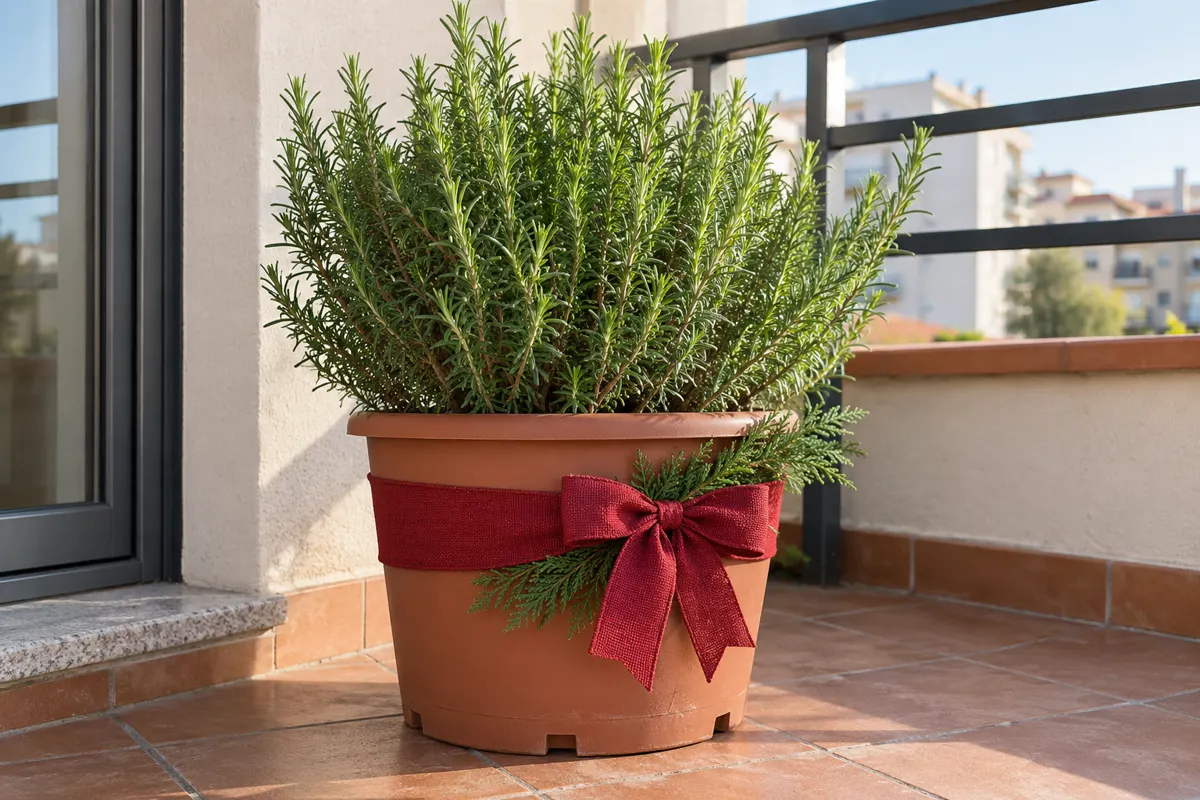 Macetas navideñas para exterior: 5 ideas fáciles para jardín y terraza 1 Maceta de romero con cinta roja desmontable para Navidad en una terraza