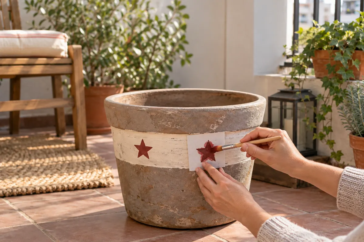Macetas navideñas para exterior: 5 ideas fáciles para jardín y terraza 8 Pintado con plantilla de una estrella roja sobre un cubremaceta