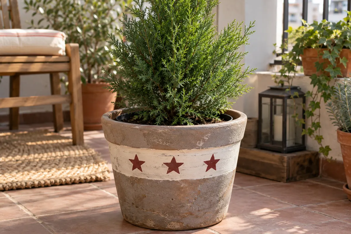 Macetas navideñas para exterior: 5 ideas fáciles para jardín y terraza 2 Cubremaceta exterior con franja clara y estrellas rojas pintadas