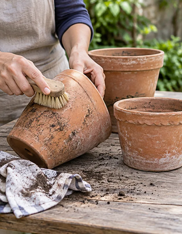 Manos limpiando una maceta de terracota recuperada con un cepillo