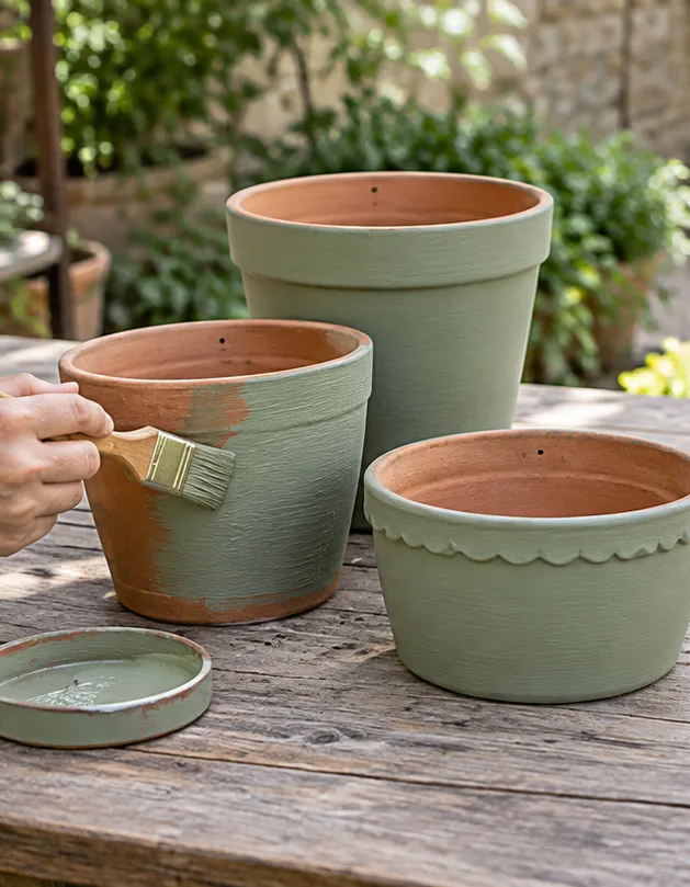 Pincel pintando el exterior de una maceta de terracota con pintura verde suave