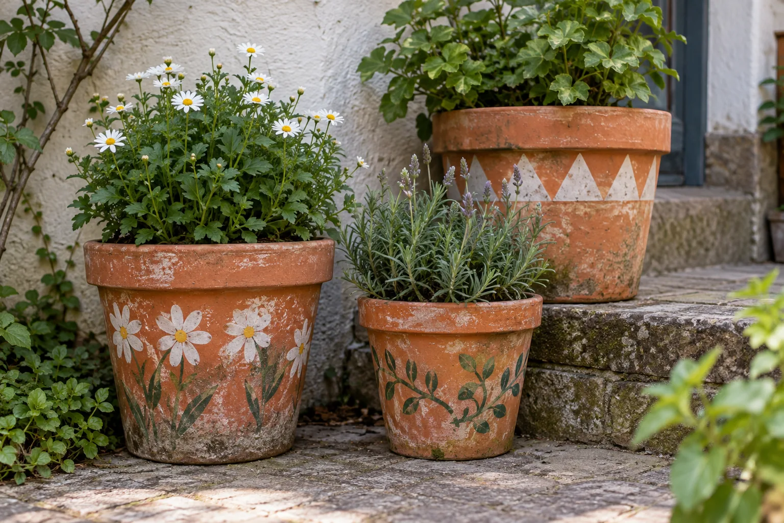 Tres macetas de terracota recuperadas con motivos pintados a mano en un rincón de jardín