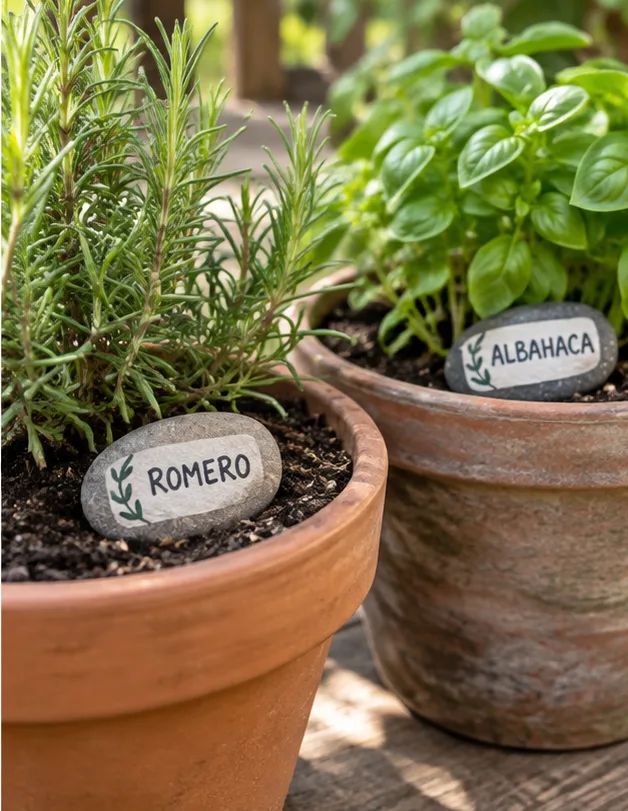 Piedras marcadoras pintadas junto a plantas aromáticas en macetas