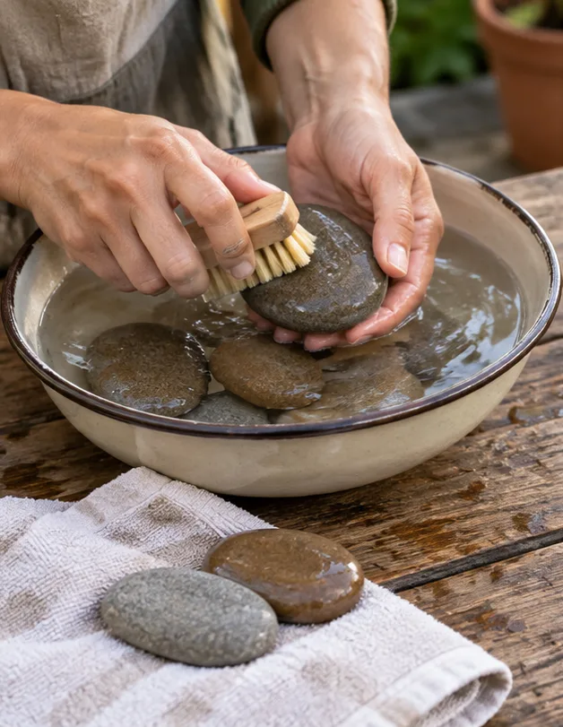 Manos lavando piedras lisas para convertirlas en marcadores de plantas
