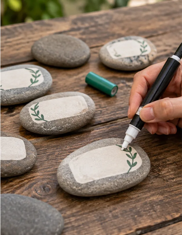 Manos pintando un marcador de piedra para identificar plantas aromáticas