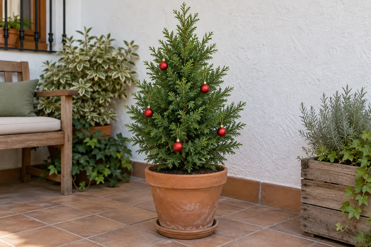 Macetas navideñas para exterior: 5 ideas fáciles para jardín y terraza 4 Pequeña conífera viva en maceta con adornos navideños ligeros
