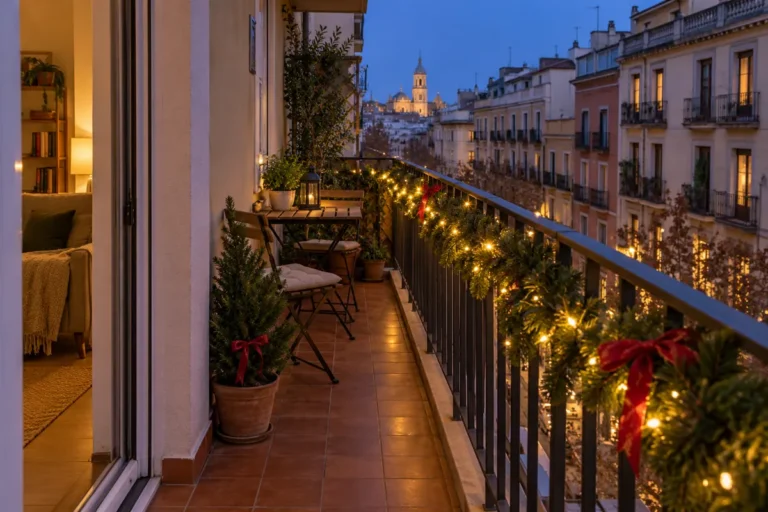 Balcón estrecho decorado en Navidad con luces cálidas, guirnalda interior y paso despejado