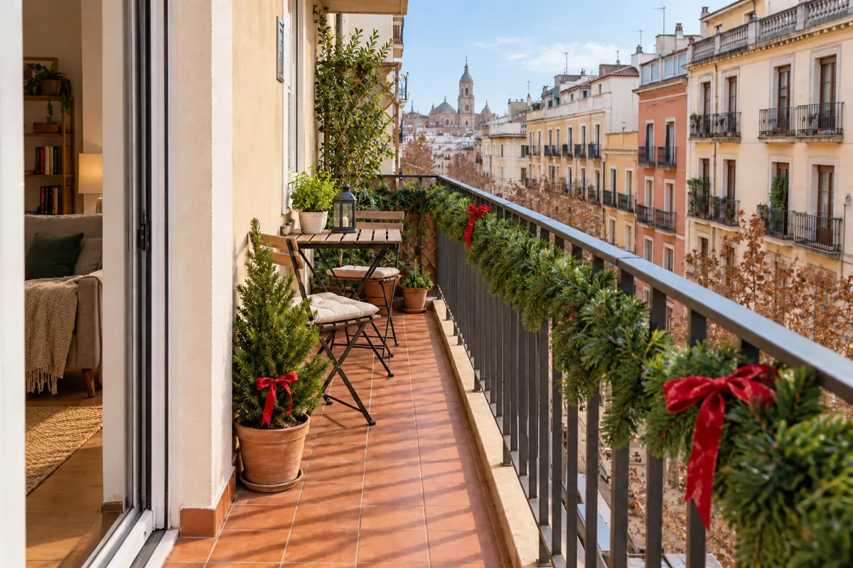 Cómo decorar un balcón o terraza pequeña en Navidad: 3 ideas sin obras 6 Balcón navideño estrecho de día con macetas, guirnalda y muebles plegables