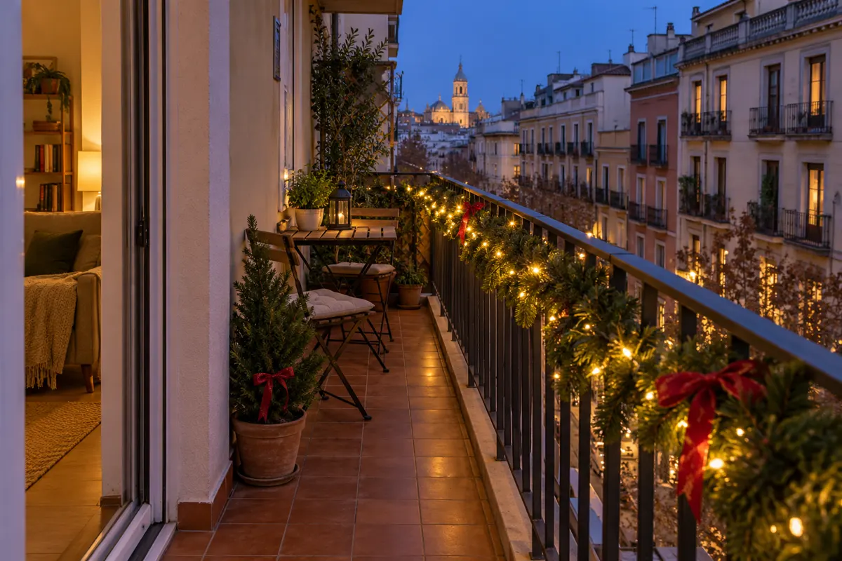 Cómo decorar un balcón o terraza pequeña en Navidad: 3 ideas sin obras 2 Visualización de un balcón estrecho decorado en Navidad con luces cálidas y paso despejado