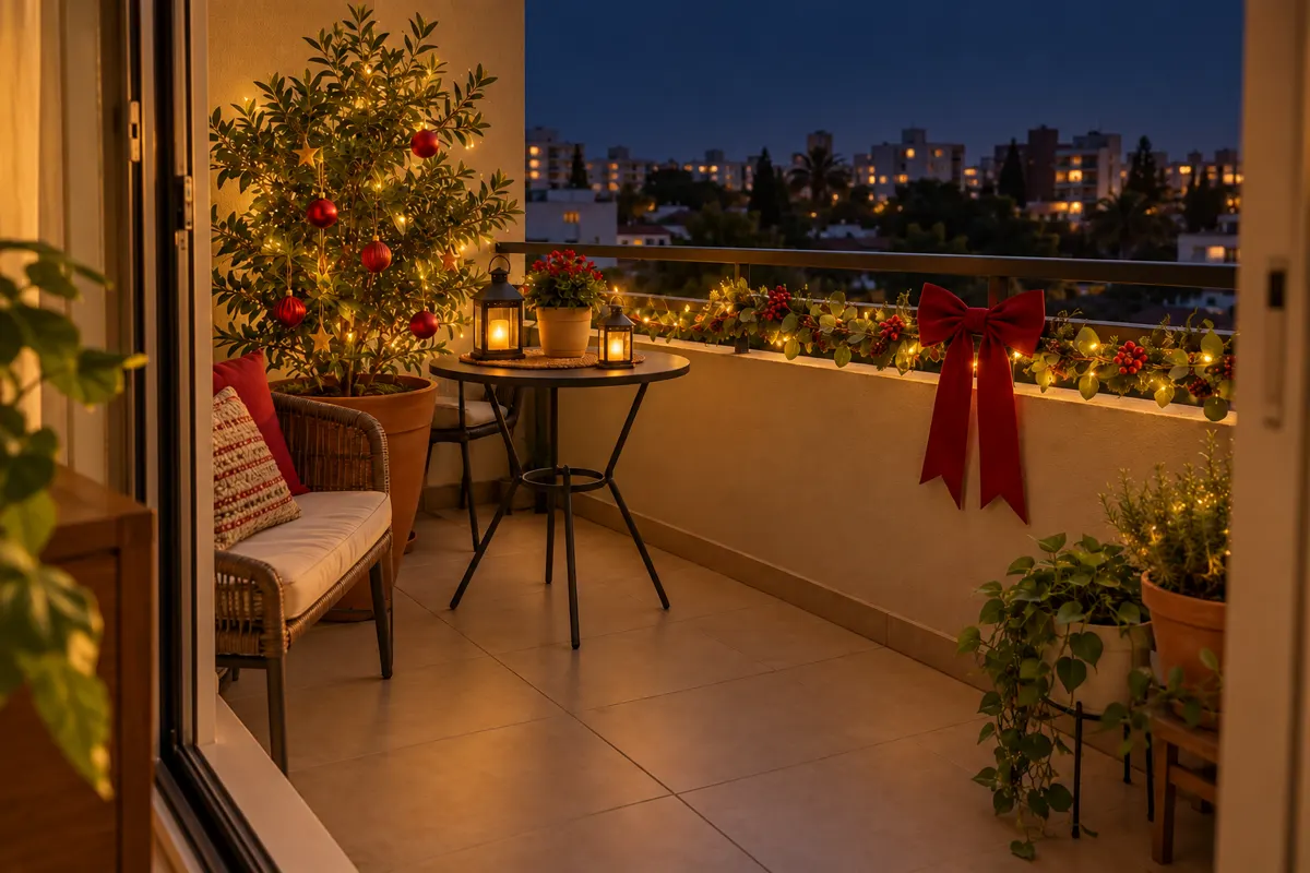 Cómo decorar un balcón o terraza pequeña en Navidad: 3 ideas sin obras 11 Balcón navideño sin enchufe de noche con guirnalda LED y faroles de batería