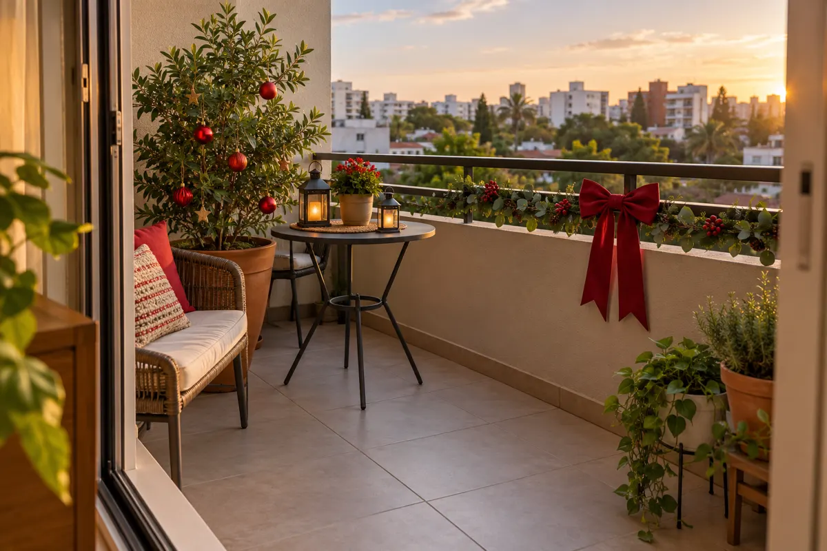 Cómo decorar un balcón o terraza pequeña en Navidad: 3 ideas sin obras 4 Visualización de un balcón navideño sin enchufe con maceta y faroles LED
