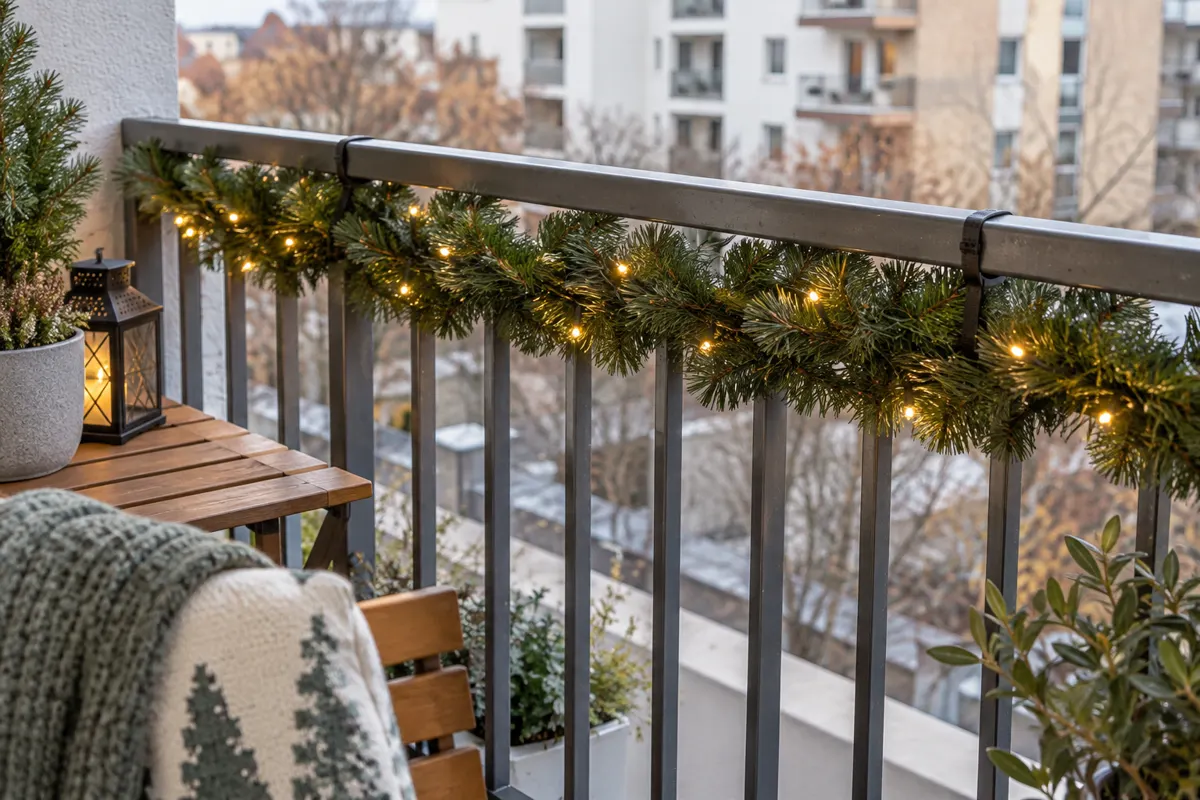 Cómo decorar un balcón o terraza pequeña en Navidad: 3 ideas sin obras 7 Guirnalda navideña colocada en la cara interior de una barandilla metálica